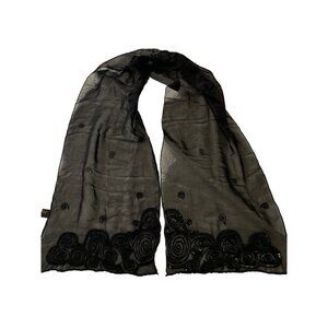 Vintage Sheer Rayon w Black Glass Bead & Sequin Art Scarf India Rolled Edge NICE